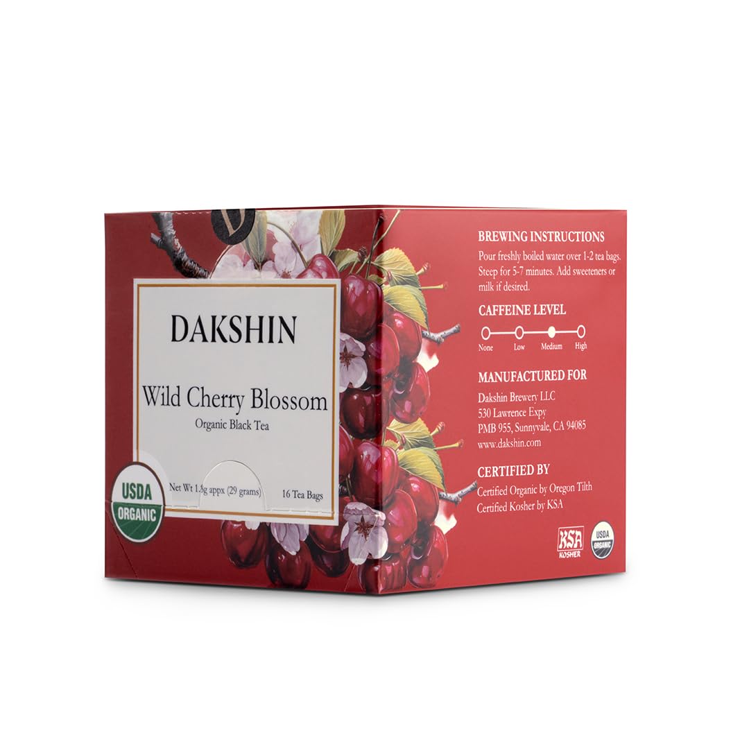 DAKSHIN Organic Wild Cherry Blossom tea bags packaging, ideal for giftable presentation.
