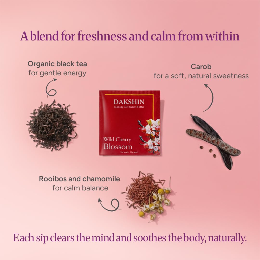 DAKSHIN Wild Cherry Blossom tea bags in open box showcasing premium gift vibe.