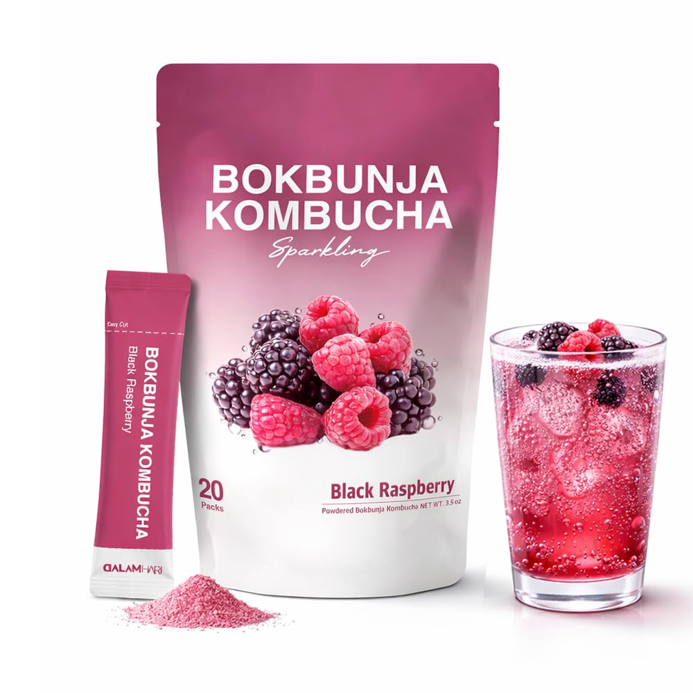 DALAMHARI Kombucha powder with black raspberry bokbunja packaging ready to blend into a refreshing drink.