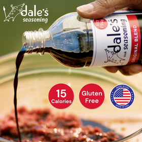 Dale's Original Steak Seasoning shaker dispensing over food for quick flavor boosts