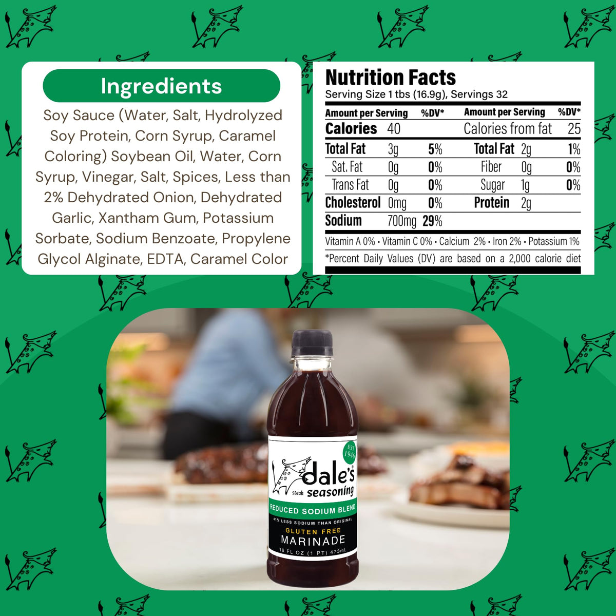 Dales steak seasoning gluten-free label highlights a cholesterol-free option