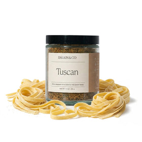 Dalkin & Co Tuscan blend jar on counter adds authentic sauce depth.