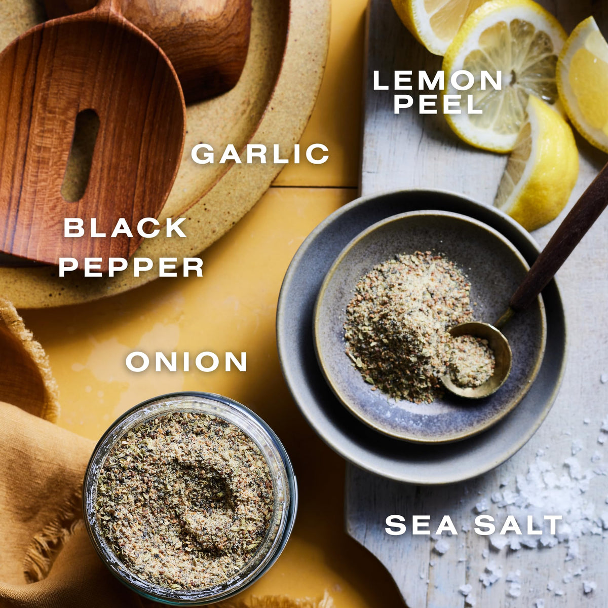 Dalkin & Co lemon pepper in glass jar on counter demonstrates eco-friendly packaging.