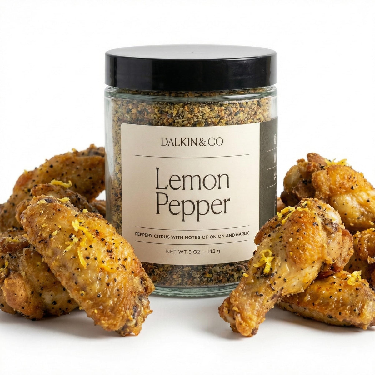 Dalkin & Co lemon pepper seasoning jar closeup shows pure ingredients for bright flavor.