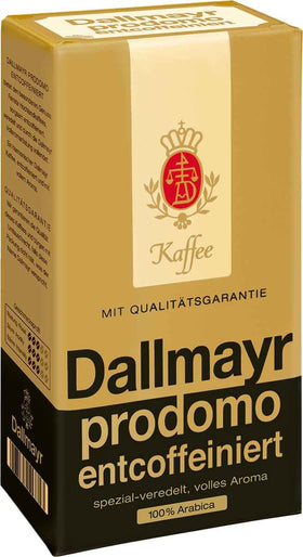 Dallmayr Decaffeinated Ground Coffee in a vacuum pack preserves aroma for fresh brews.