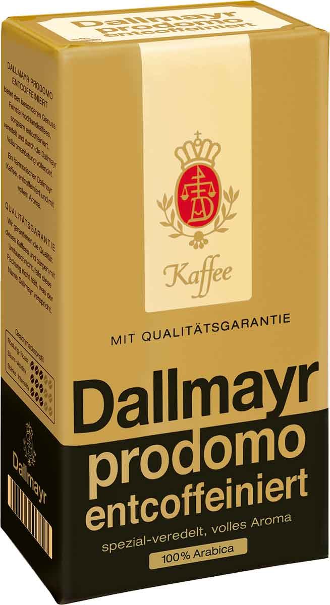 Dallmayr Decaffeinated Ground Coffee in a vacuum pack preserves aroma for fresh brews.