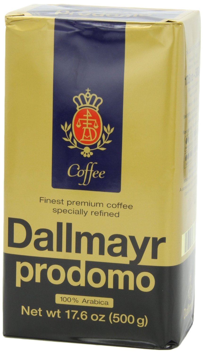 Dallmayr Prodomo Arabica ground coffee bag showing rich aroma and balanced flavor.