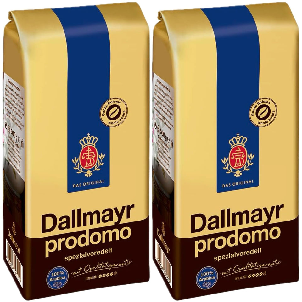 Dallmayr Prodomo whole bean coffee for fresh grind and aroma.