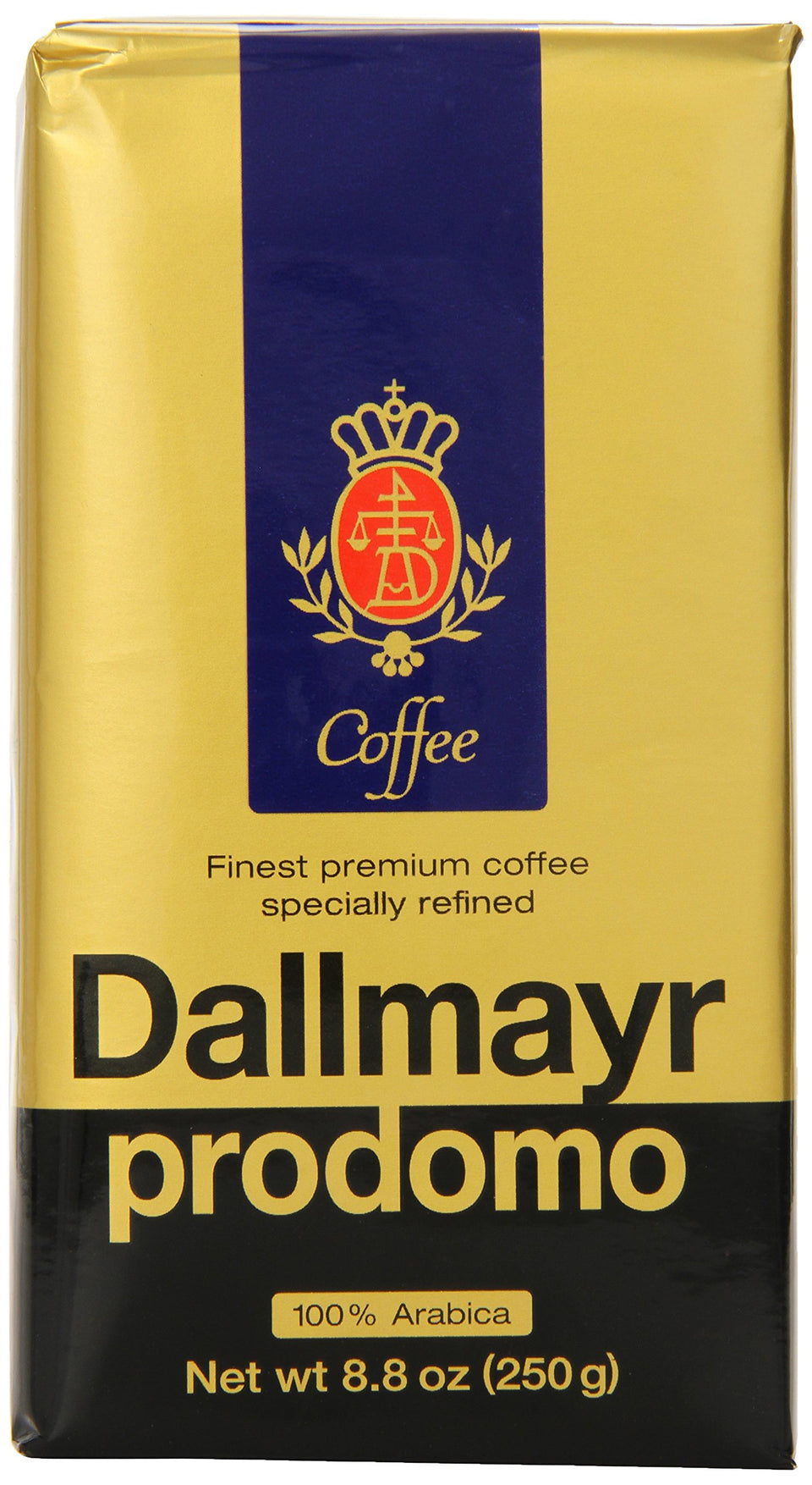 Dallmayr Prodomo ground coffee 3-pack on shelf, ready for daily use.