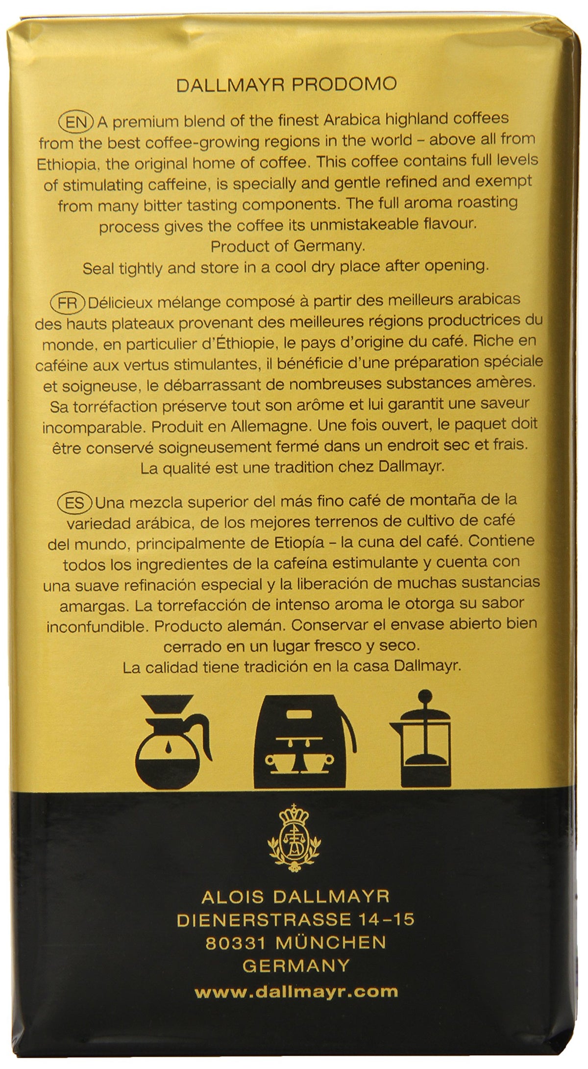 Dallmayr Prodomo ground coffee bag with vacuum seal preserves aroma.