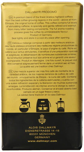 Dallmayr Prodomo ground coffee bag with vacuum seal preserves aroma.