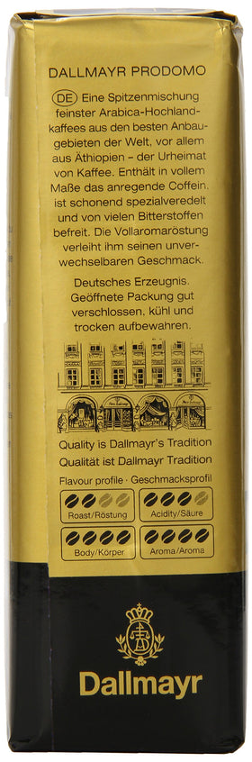 Kitchen scene with Dallmayr Prodomo ground coffee 3-pack ready to brew.