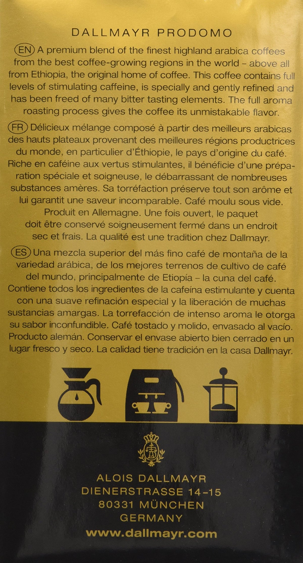 Dallmayr Prodomo brew-ready coffee in cup, inviting aroma and smooth taste.