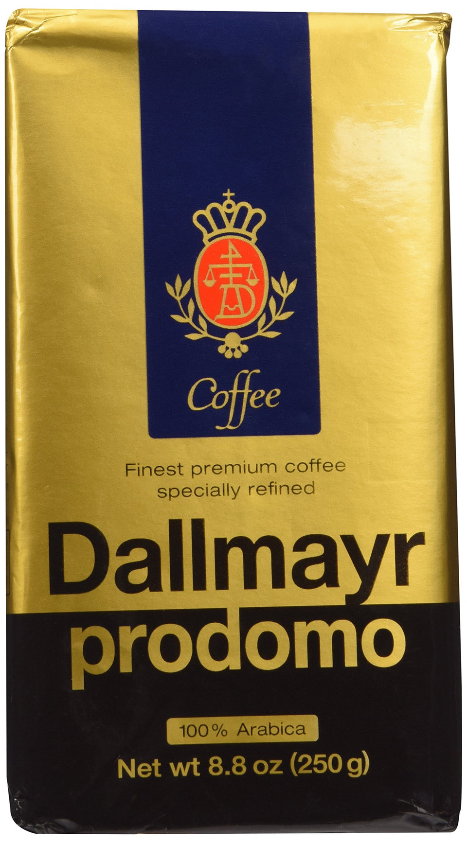 Dallmayr Prodomo ground coffee gold 8.8 oz pack-shot highlighting premium aroma for home brewing