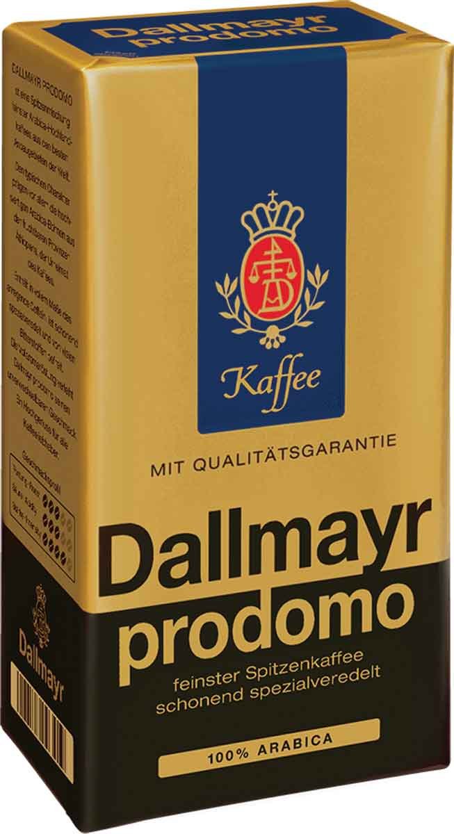 Dallmayr Prodomo ground coffee vacuum pack showing freshness and aroma.