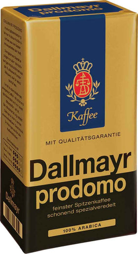 Dallmayr Prodomo ground coffee vacuum pack showing freshness and aroma.
