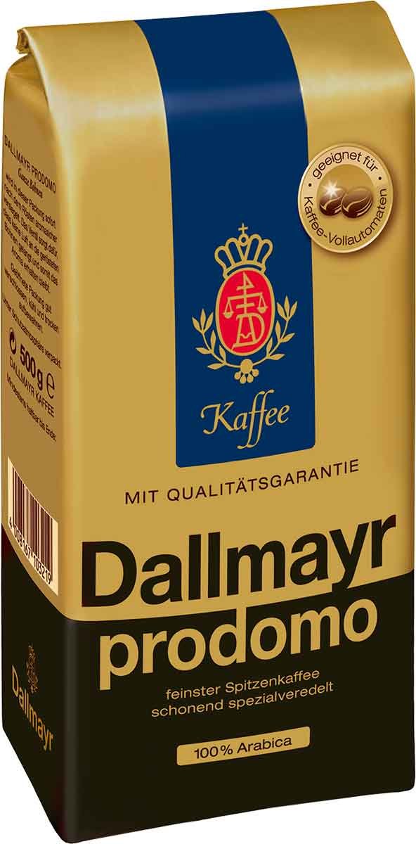 Dallmayr Prodomo whole bean coffee bag ideal for fresh aroma and smooth, low-acidity brew.