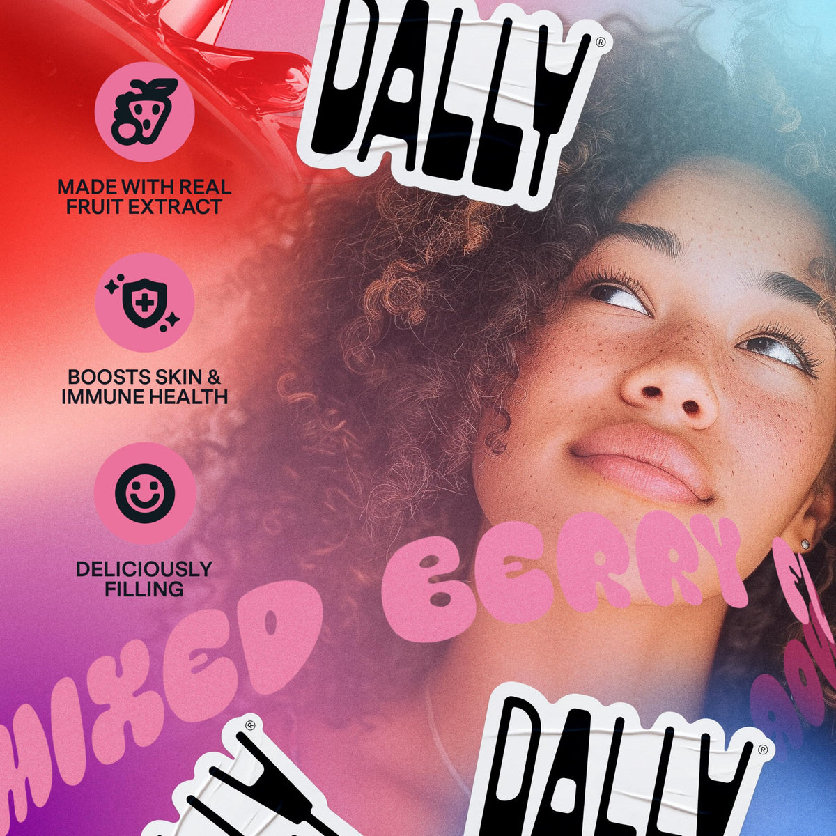 DALLY berry jelly close-up with vibrant fruit bits and smooth texture.