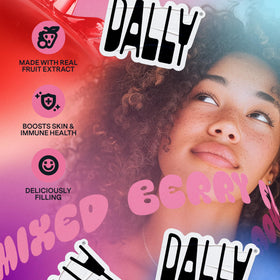 DALLY berry jelly close-up with vibrant fruit bits and smooth texture.