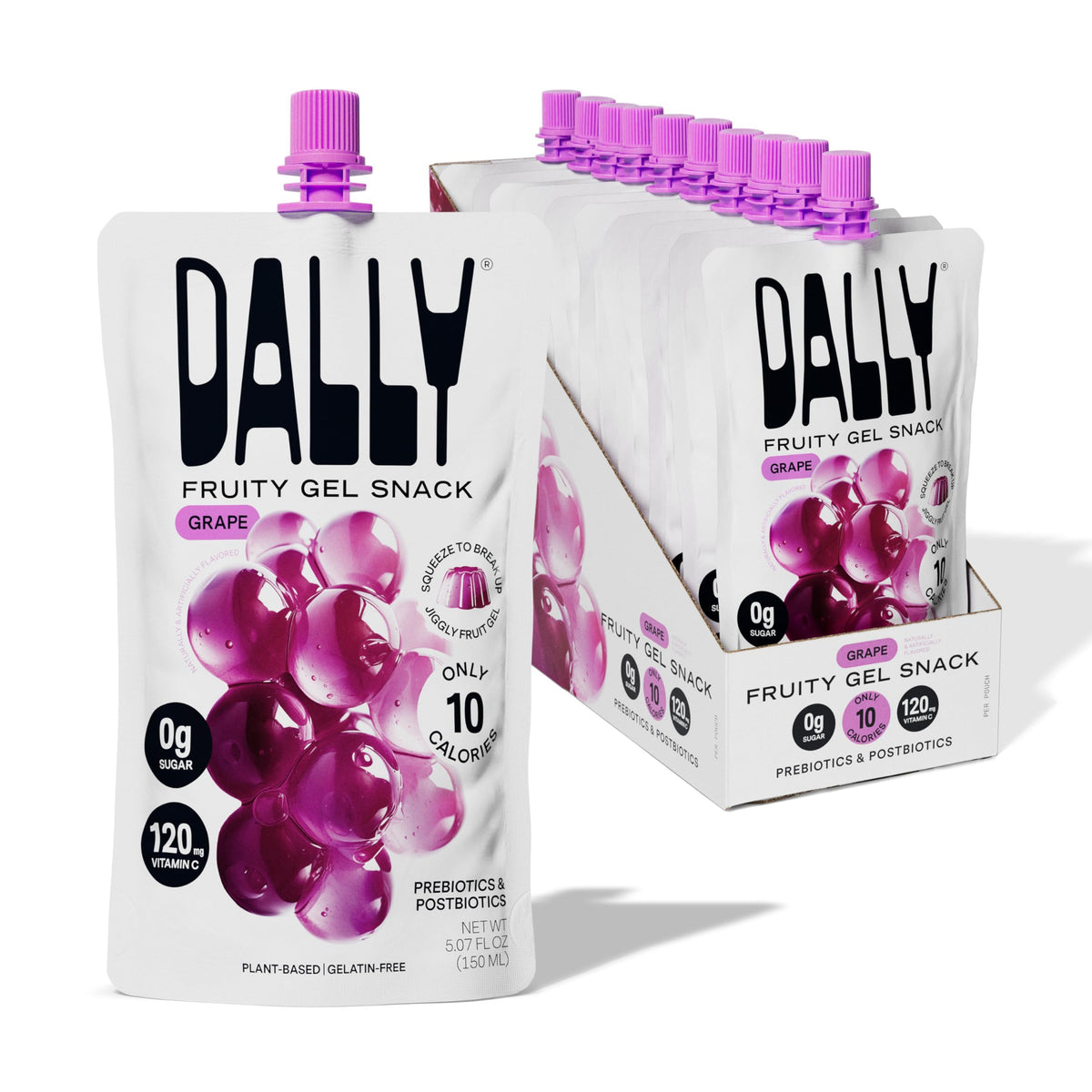DALLY grape drinkable konjac jelly pouch closeup for on-the-go snacking.