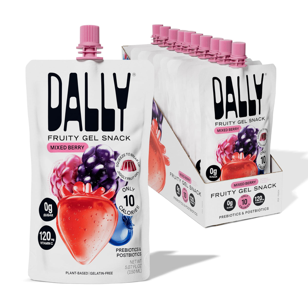 DALLY mixed berry drinkable konjac jelly pouch close-up, low-calorie snack.