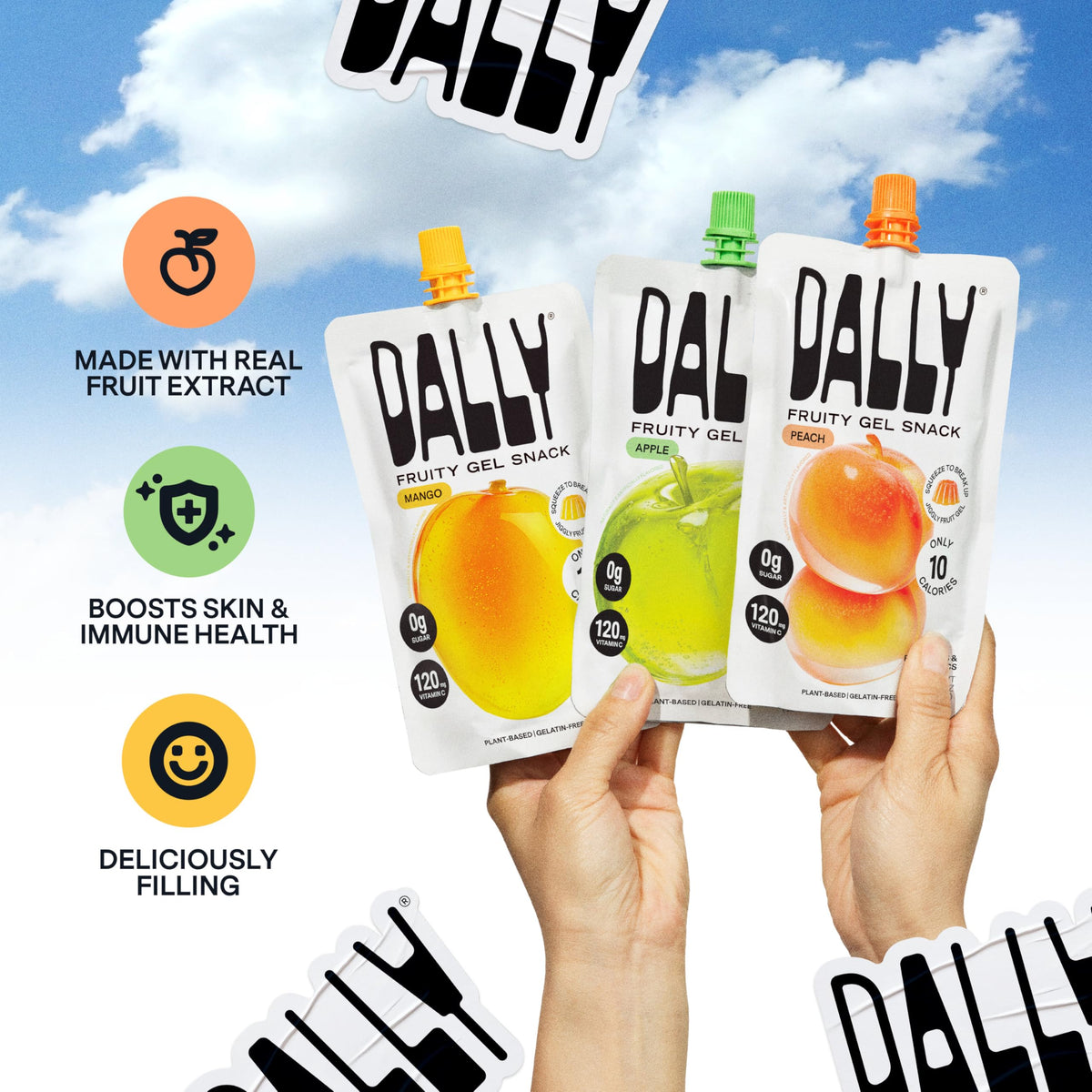 DALLY Prebiotics and postbiotics in konjac jelly pouch for gut-friendly snacking.