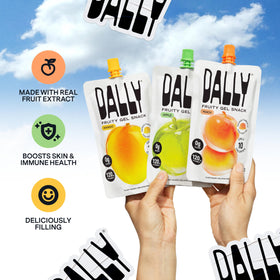 DALLY Prebiotics and postbiotics in konjac jelly pouch for gut-friendly snacking.
