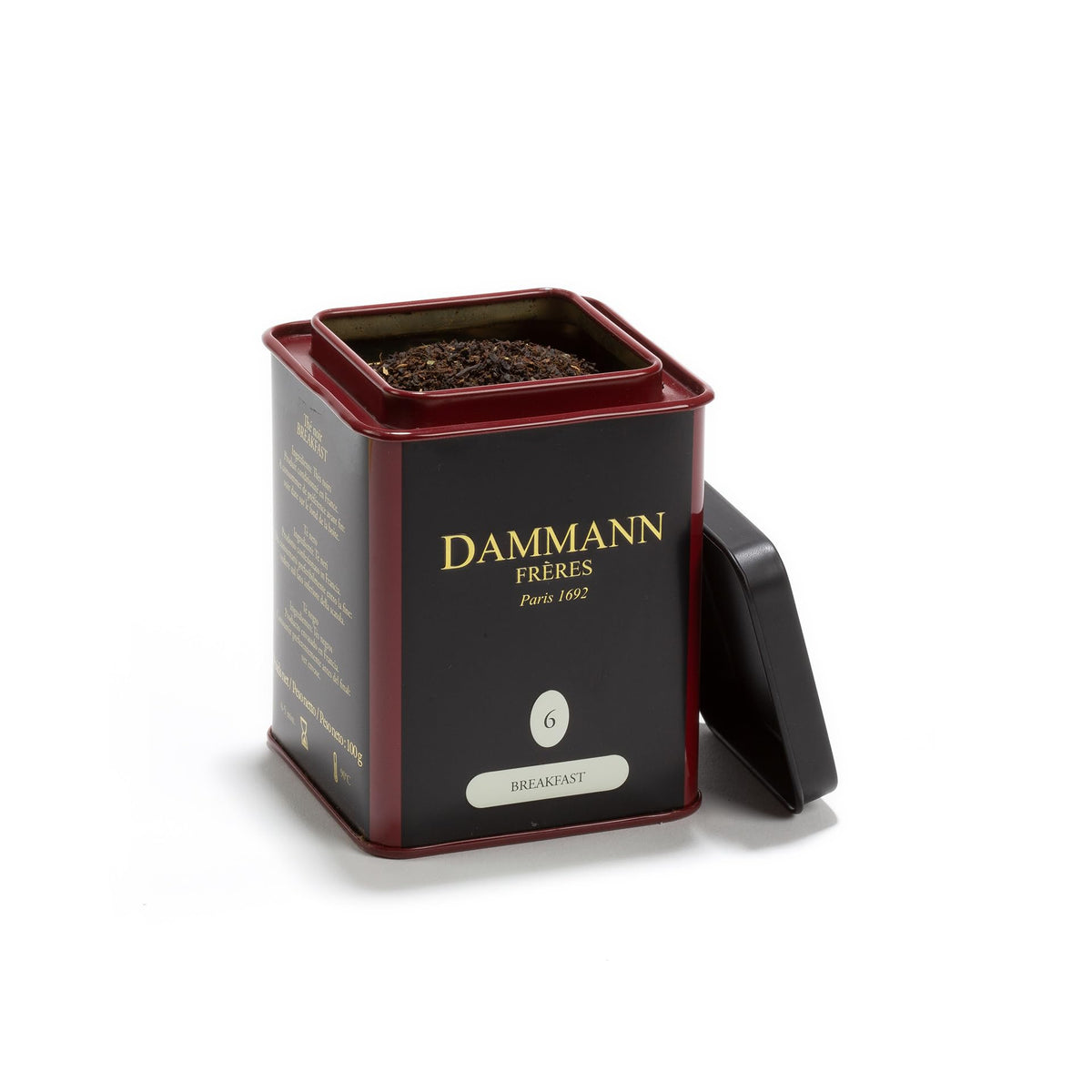Dammann Freres Breakfast Tea tin front view, premium packaging for a refined morning.