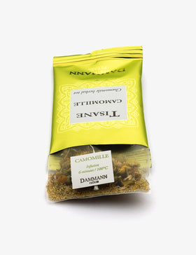 Close-up of Dammann Freres chamomile sachets highlighting Cristal packaging