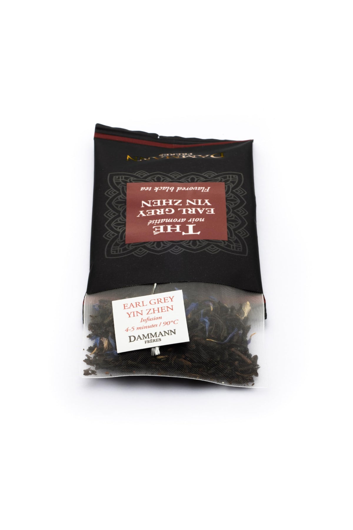 Dammann Freres Earl Grey Yin Zhen sachet closeup highlights bergamot aroma.