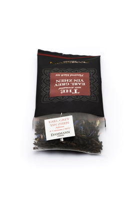 Dammann Freres Earl Grey Yin Zhen sachet closeup highlights bergamot aroma.