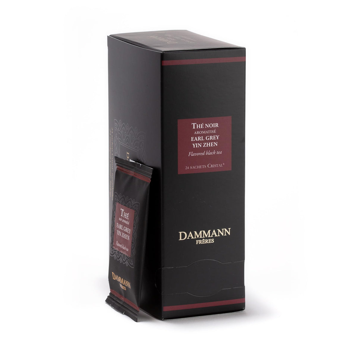 Dammann Freres Earl Grey Yin Zhen sachets packaging shows premium blend and 24-count box.