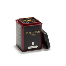 Dammann Freres Jardin Bleu loose tea tin, premium Paris packaging for refined brewing