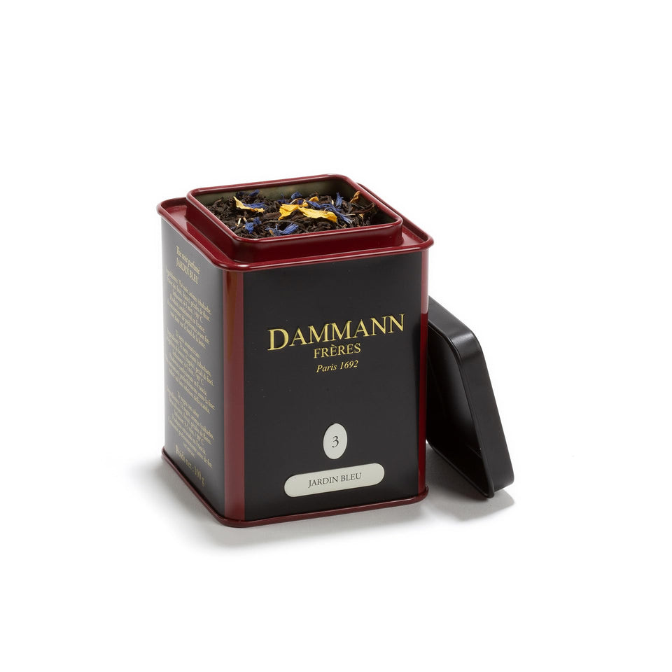 Dammann Freres Jardin Bleu loose tea tin, premium Paris packaging for refined brewing