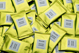 Dammann Frères Moroccan peppermint harvest, sun-kissed leaves for flavorful herb tisane.