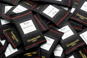 Dammann Freres Paris packaging display signals luxury tea craftsmanship.