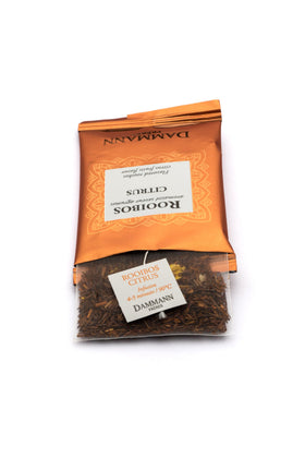 Dammann Freres rooibos citrus tea steeping in cup highlights bright citrus aroma and smooth finish