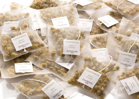 Dammann Freres chamomile sachets close-up reveals delicate inviting fragrance.