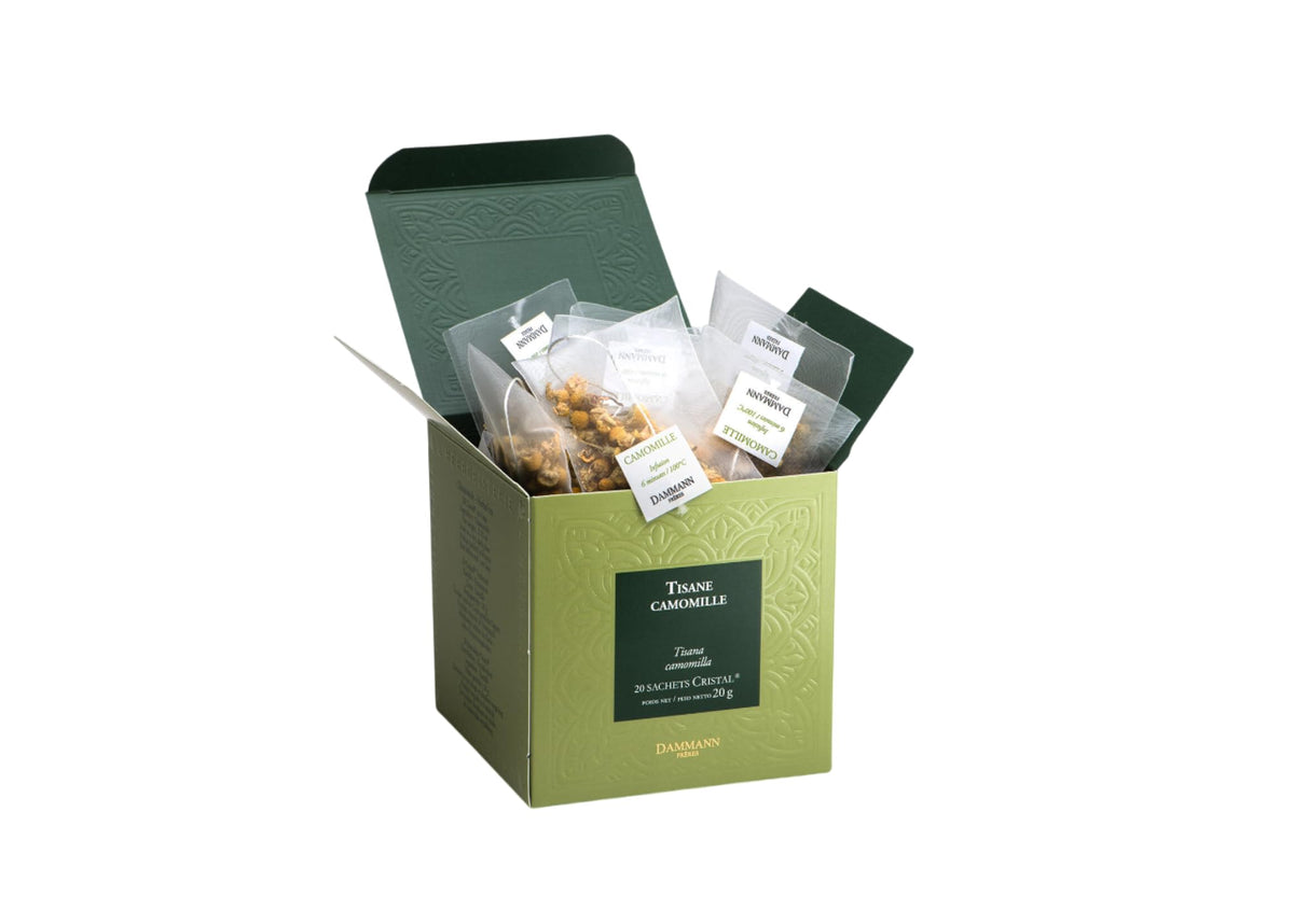 Dammann Freres chamomile sachets packaging highlights premium herbal tea presentation.