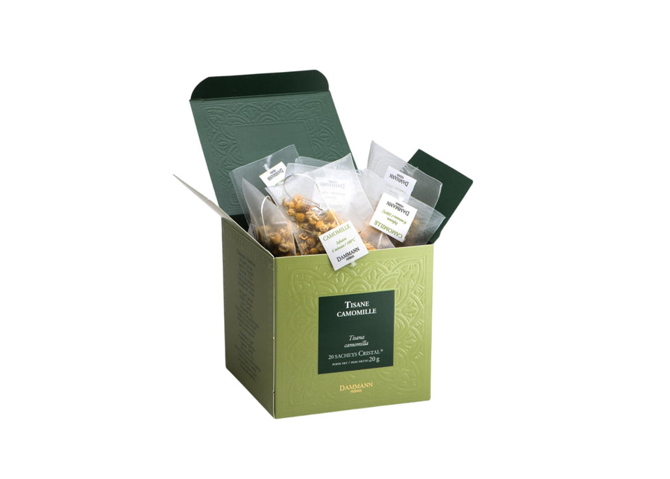 Dammann Freres chamomile sachets packaging highlights premium herbal tea presentation.