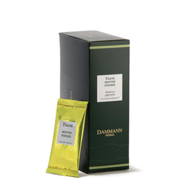 Dammann Frères peppermint sachets with verbena aroma, fresh and ready for a relaxing infusion.
