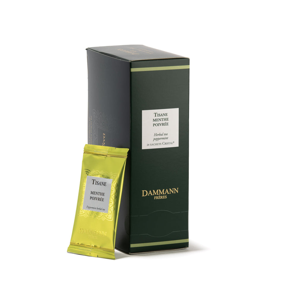 Dammann Frères peppermint sachets with verbena aroma, fresh and ready for a relaxing infusion.