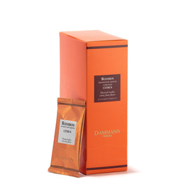 Dammann Freres rooibos citrus tea bag closeup showing premium sachets for a caffeine-free evening