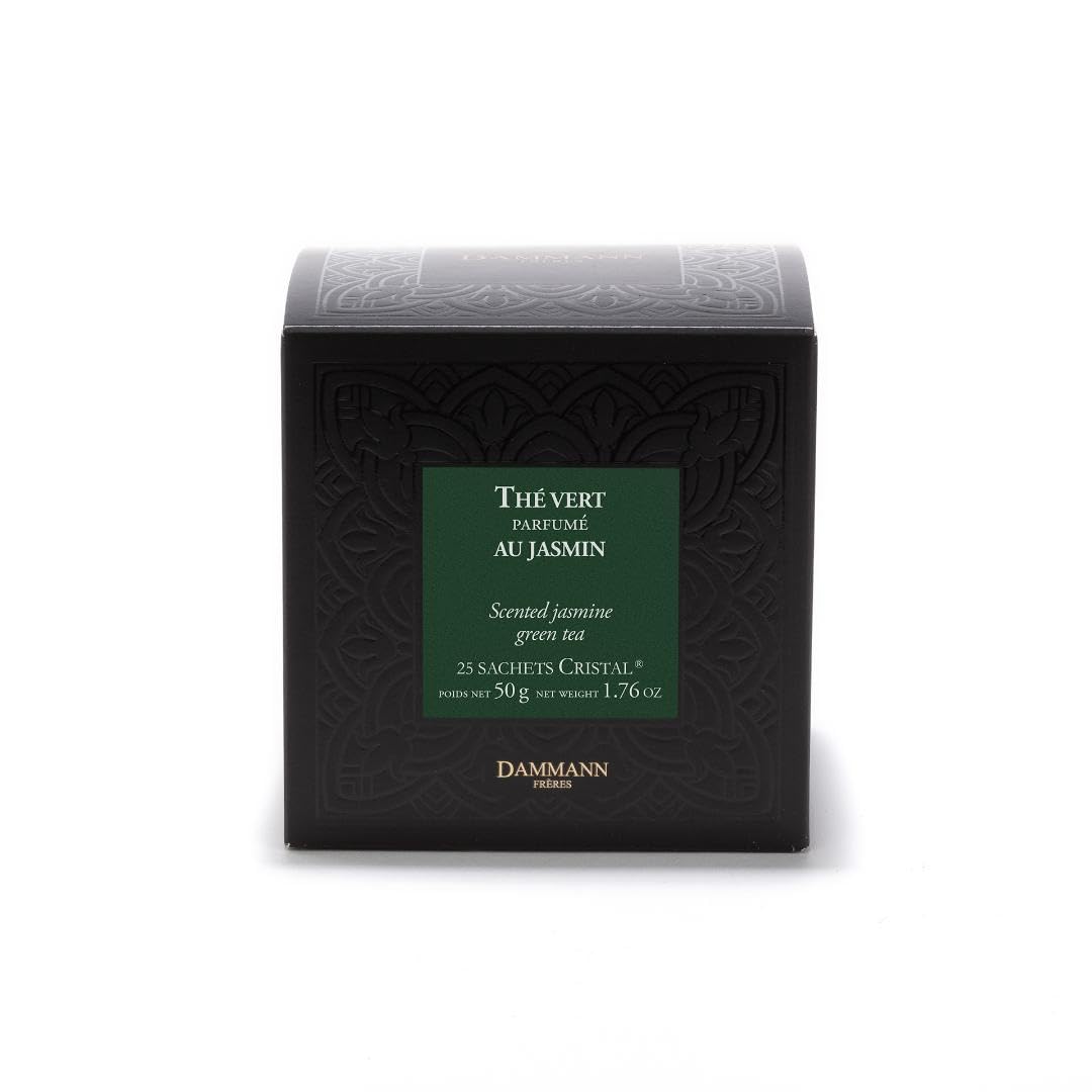 Dammann Freres Vert au Jasmin sachet closeup highlighting jasmine petals