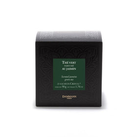 Dammann Freres Vert au Jasmin sachet closeup highlighting jasmine petals