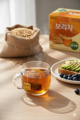 Damtuh barley tea bags on table, perfect for hot or iced beverages.