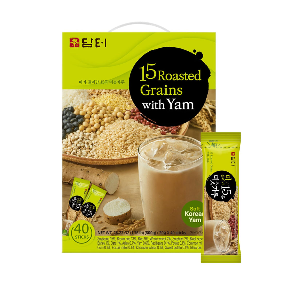 Damtuh Misugaru powder bottle highlights authentic Korean grain latte with a nutty aroma.