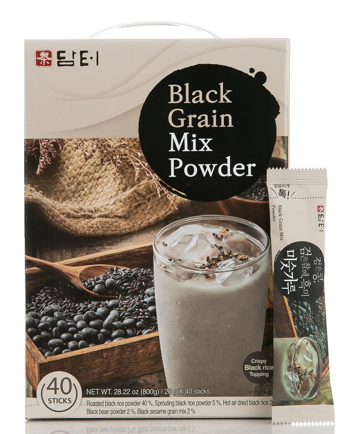 Damtuh Misugaru powder drink mix bottle pour reveals rich roasted grain flavor.