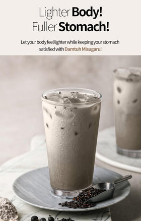 Damtuh Misugaru mix in water shows quick preparation for hot or iced drinks.