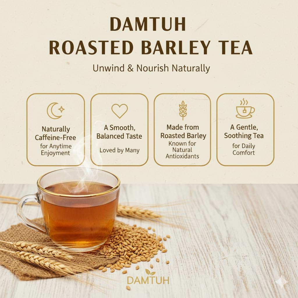 Damtuh roasted barley tea bags close-up highlighting toasty flavor notes.